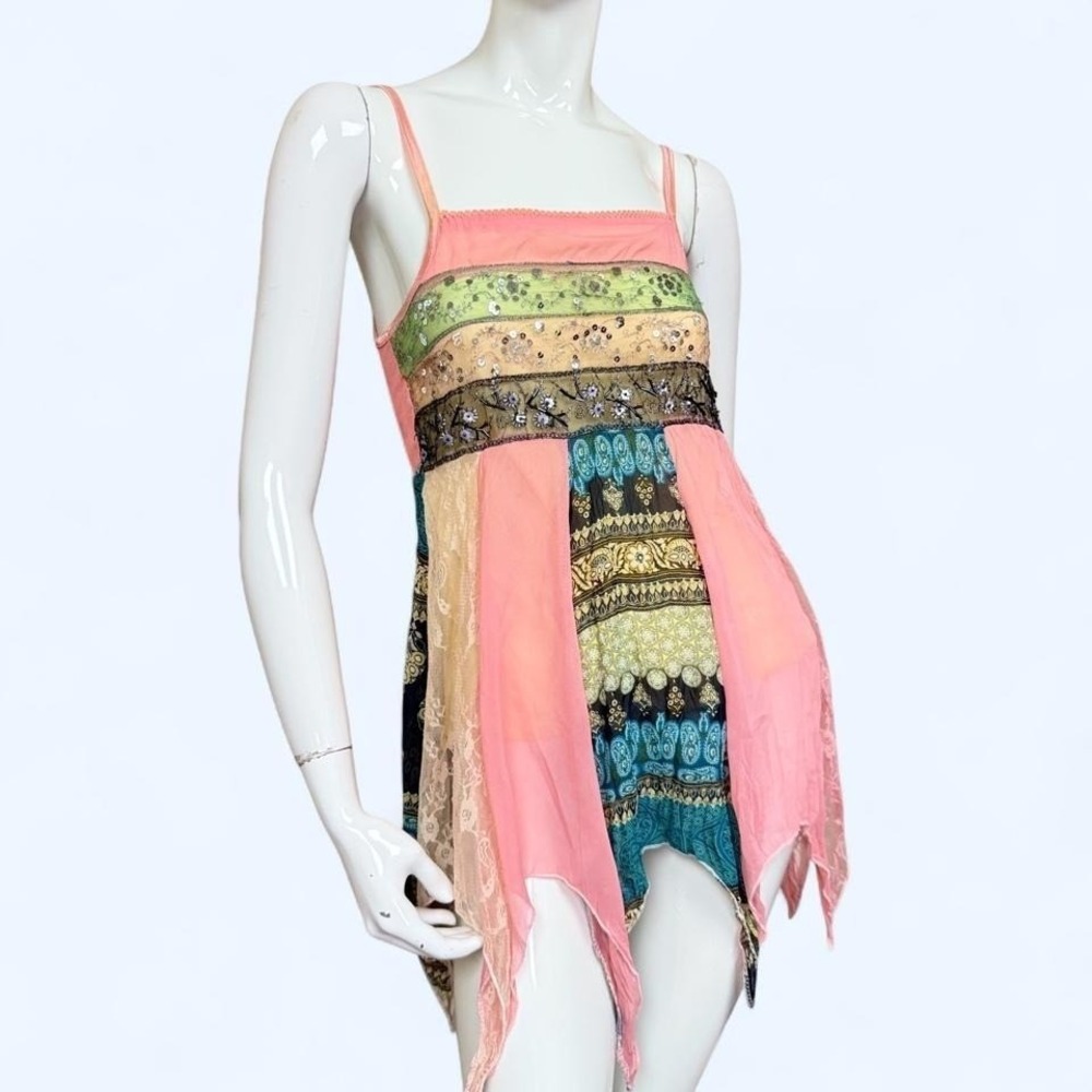 Y2K Fairycore Handkerchief Cami Beaded sequins Patchwork Coquette womens Top S M